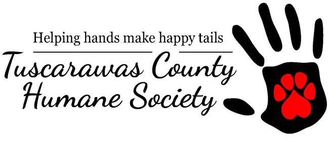 Tuscarawas County Humane Society (New Phila, Ohio) logo small black regular type lettering with large black cursive lettering below black handprint with red paw print in middle upside down red heart as the paw pad