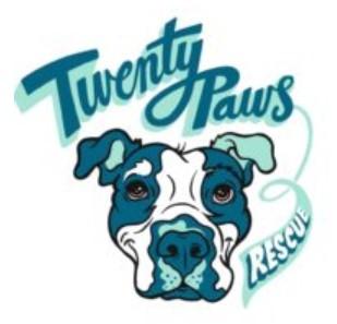 Twenty Paws Rescue, (Brooklyn, New York), logo teal and white bully type dog under teal text
