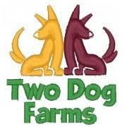 Two Dog Farms (Korean Jindo Dog Rescue) (Minden, Nevada) logo is a brown dog and yellow dog sitting above “Two Dog Farms”