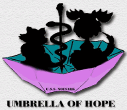 Umbrella of Hope (Pittsburg, California) | logo of caduceus, pink umbrella, black dog, black cat, text of umbrella of hope