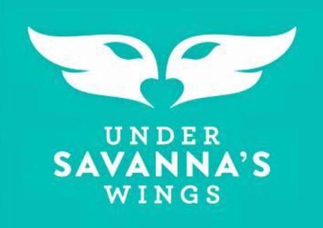 Under Savannas Wings, (Cibolo, Texas), logo of dog, angel wings with white text on teal background