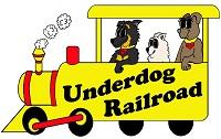 The Underdog Railroad (Sacramento, California) | logo of yellow red train, smoke, dogs, heart collars, The Underground Railroad