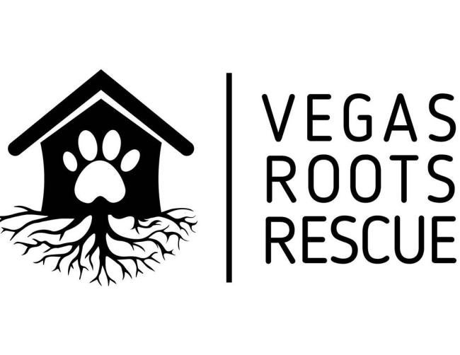 Vegas Roots Rescue (Las Vegas, Nevada) logo black house with tree roots at bottom large white paw print on house black vertical line black lettering