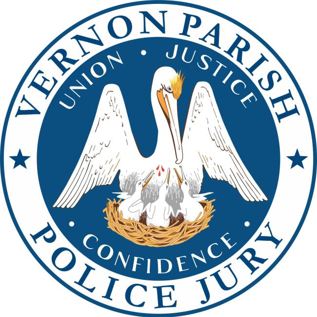 Vernon Parish Animal Shelter (Leesville, Louisiana) logo parish seal white background dark teal outer circle dark teal lettering inside outer circle full dark teal inner circle white lettering large pelican with a nest of three baby pelicans