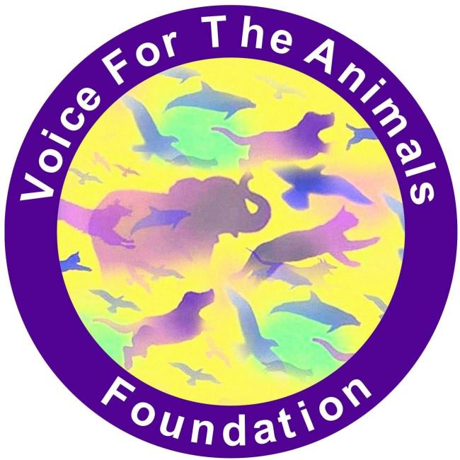 Voice for the Animals Foundation, (Santa Monica, California), logo purple ring with yellow text around yellow background with purple and blue animals