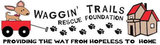 Waggin Trails Rescue Foundation, (Huntington Beach, California), logo of dog in red wagon, paw prints, dog house