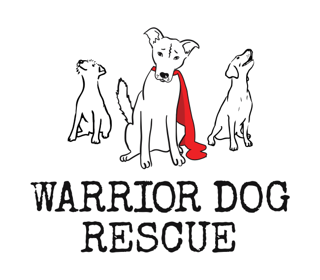 Warrior Dog Rescue, (Shakopee, Minnesota) logo three dog outlines on white background with black text and red scarf