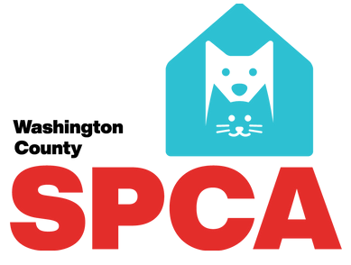 Washington County SPCA (Bartlesville, Oklahoma) logo teal dog house layered with white dog and teal cat black and red lettering