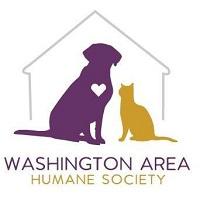 Washington Area Humane Society (Eighty Four, Pennsylvania) logo is a house with a yellow cat and purple dog with a white heart