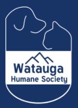 Watauga Humane Society, (Boone, North Carolina), logo white outline of a dog and cat with mountains across them and blue text