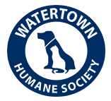 Watertown Humane Society (Watertown, Wisconsin) logo is white cat silhouette in front of blue dog silhouette inside blue circle 