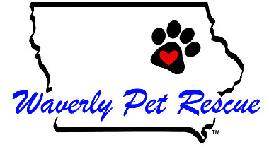 Waverly Pet Rescue (Waverly, Iowa) logo is the state of Iowa with a pawprint and heart on it along with the organization name