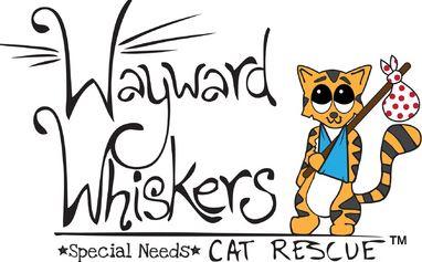 Wayward Whiskers Cat Rescue (San Antonio, Texas) | logo of yellow black cat, red and white knapsack, special needs cat rescue