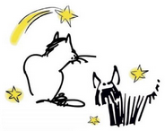 We Care for Animals (Mesquite, Nevada) | logo of sketches of cat and dog, yellow stars, shooting star, W.C.F.A.