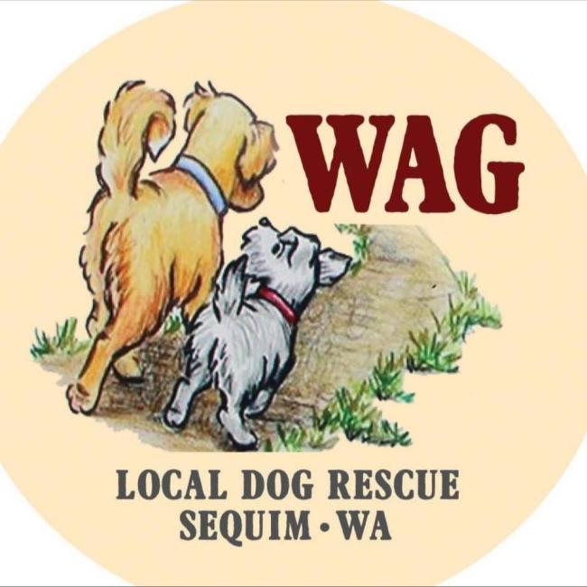 Welfare for Animals Guild, (Sequim, Washington), logo drawing of bigger yellow dog walking with smaller white dog with red and black text