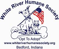 White River Humane Society (Bedford, Indiana) | logo of dog, cat, bone, U.S. flag, opt to adopt, White River Humane Society