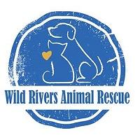 Wild Rivers Animal Rescue (Gold Beach, Oregon) | logo of blue circle, white dog and cat silhouettes, yellow heart, Wild Rivers