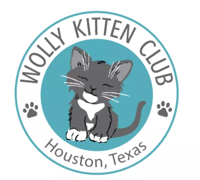 Wolly Kitten Club, (Houston, Texas) logo Grey and white cat in turquoise circle with grey text