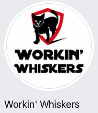 Workin' Whiskers, (Hemet, California), logo black cat in red outlined shield text Workin' Whiskers in white circle