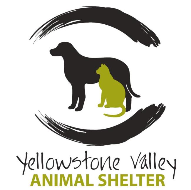 Yellowstone Valley Animal Shelter (Billings, Montana) logo silhouette of black dog avocado green cat semi enclosed in a circle of black paint swishes above and below one line of black and one line of avocado green lettering below