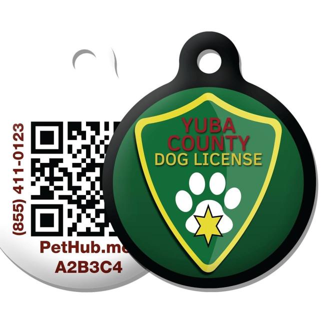 Yuba County Animal Care Services, (Olivehurst, California), logo yellow star in white paw on green tag background with red and yellow text