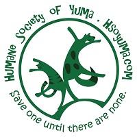 Humane Society of Yuma (Yuma, Arizona) logo is a dancing dog & cat in a circle with the “save one until there are none” tagline