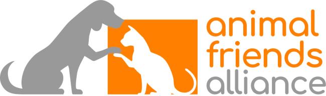 Animal Friends Alliance (Fort Collins, Colorado) logo with gray dog and white cat in orange block 