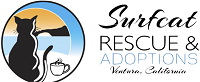 Surfcat Rescue and Adoptions (Oxnard, California) logo is a cat next to a cup of coffee facing the ocean