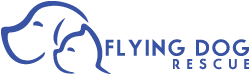 Flying Dog Rescue (Pewaukee, Wisconsin) logo with blue outline of a dog and cat