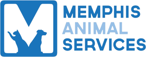 Memphis Animal Services (Memphis, Tennessee) logo of blue square, white M with blue cat and dog silhouettes