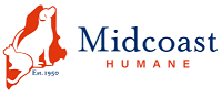 Midcoast Humane (Brunswick, Maine) logo of Maine state in red, dog, cat est. 1950, Midcoast Humane