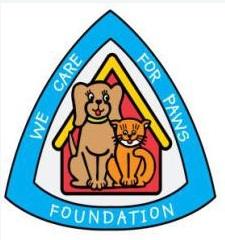 We Care For Paws Foundation (Brooksville, Florida) | logo of dog, cat, red house, yellow roof, text we care for paws foundation