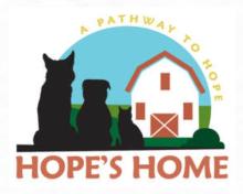 A Pathway to Hope Inc, (Hawthorne, New Jersey), logo drawing of two black dogs and a black cat sitting in front of a white and brown barn with blue sky and brown and yellow text
