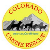 Colorado Canine Rescue (Englewood, Colorado) logo with dogs against mountain backdrop & tagline 'There's no place like home'