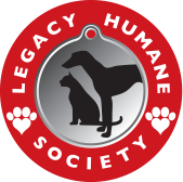 Legacy Humane Society (McKinney, Texas) logo is a dog and cat on a pet tag inside a circle with the org name and heart pawprints