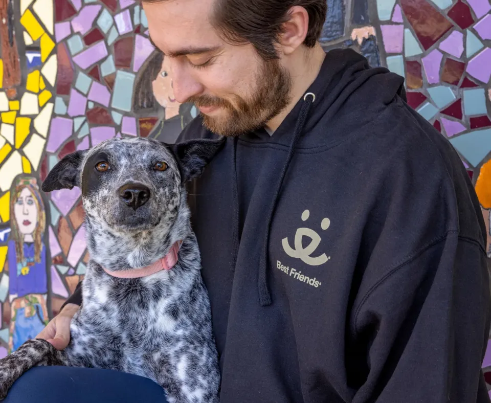Man wearing black Best Friends hoodie holding black and white spotted dog