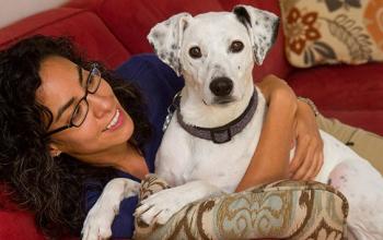 Black and white dog with woman on red couch