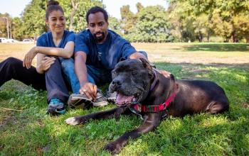 Couple sitting in the grass behind a brown brindle pit bull type dog
