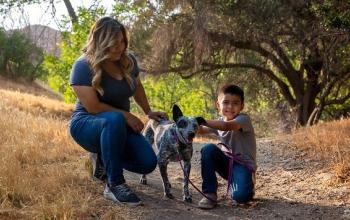 Woman and young boy crouching on gravel path with black and white dog