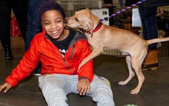 Boy in red jacket sitting on floor with tan dog sniffing his face