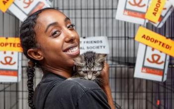 woman holding tabby kitten in front of many adopted signs