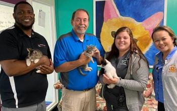 Four people, two holding cats, standing together in building