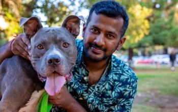 Man in teal multi colored shirt sitting with dark gray pit bull type dog