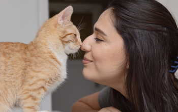 woman kissing an orange kitten