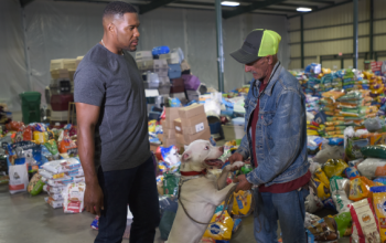 man receiving help at pet food bank