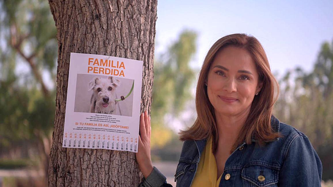 Actress Jacqueline Piñol next to a Lost Family flyer on a tree, written in Spanish