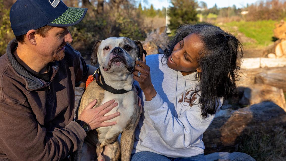 Otis the dog with the couple who adopted him
