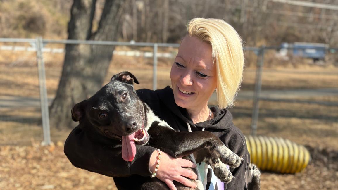 An incarcerated woman lovingly fosters a dog