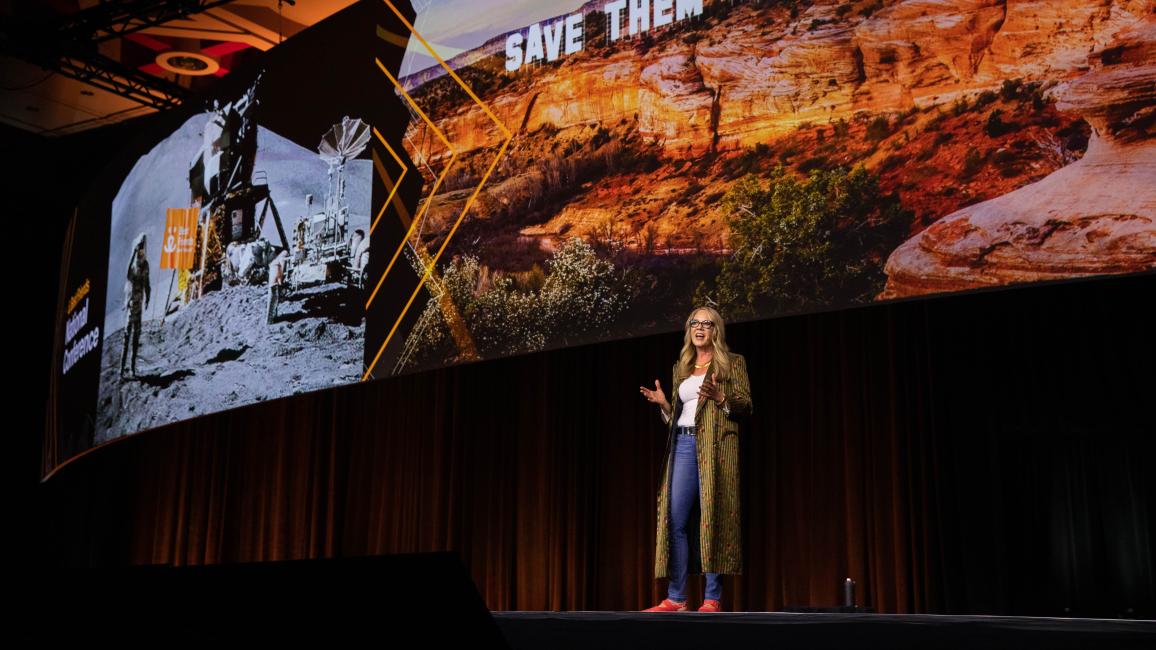 Best Friends CEO Julie Castle addressing the audience at the Best Friends National Conference with a large slide behind her featuring Angel Canyon with the words Save Them All