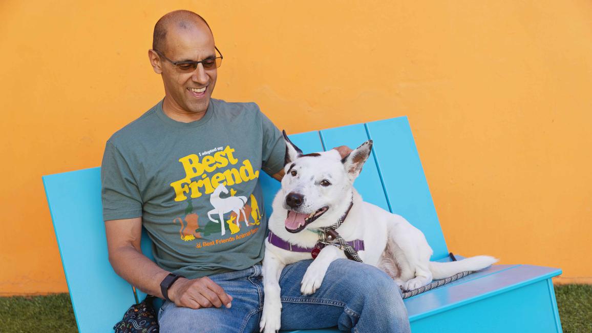 Volunteer Robert Lobo wearing a Best Friends T-shirt and sitting with a dog on a blue chair